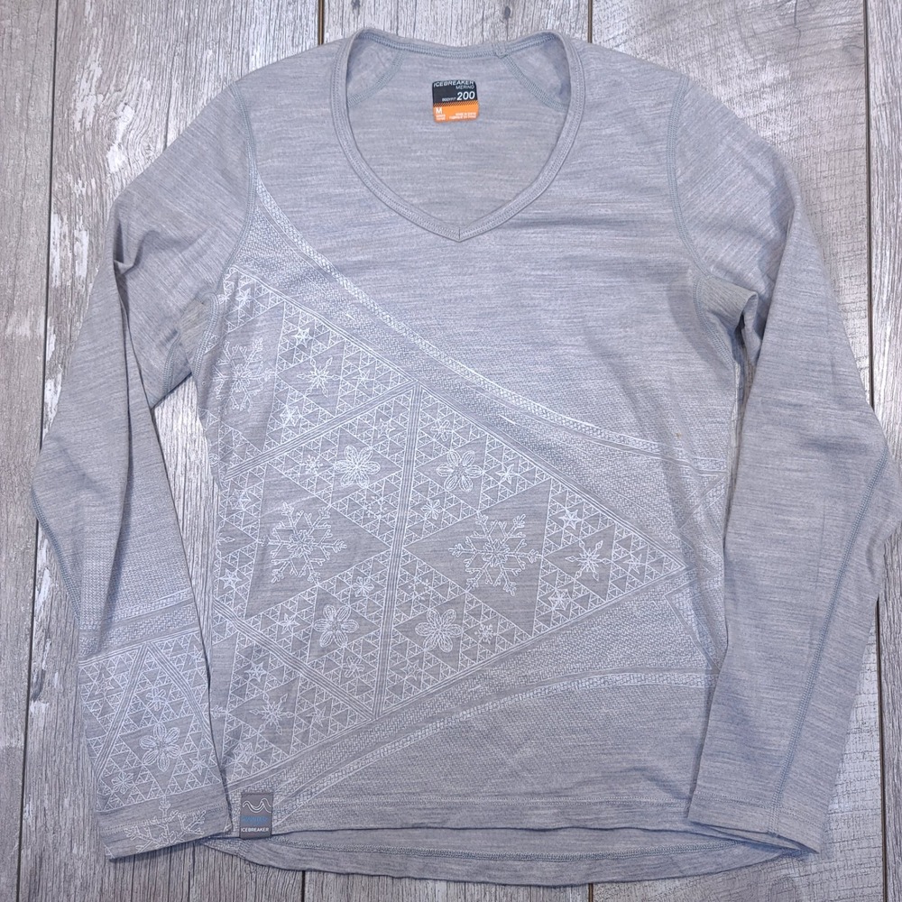 Icebreaker Base Layer Women M Gray Merino Bodyfit 200 Snowflake V-Neck Top